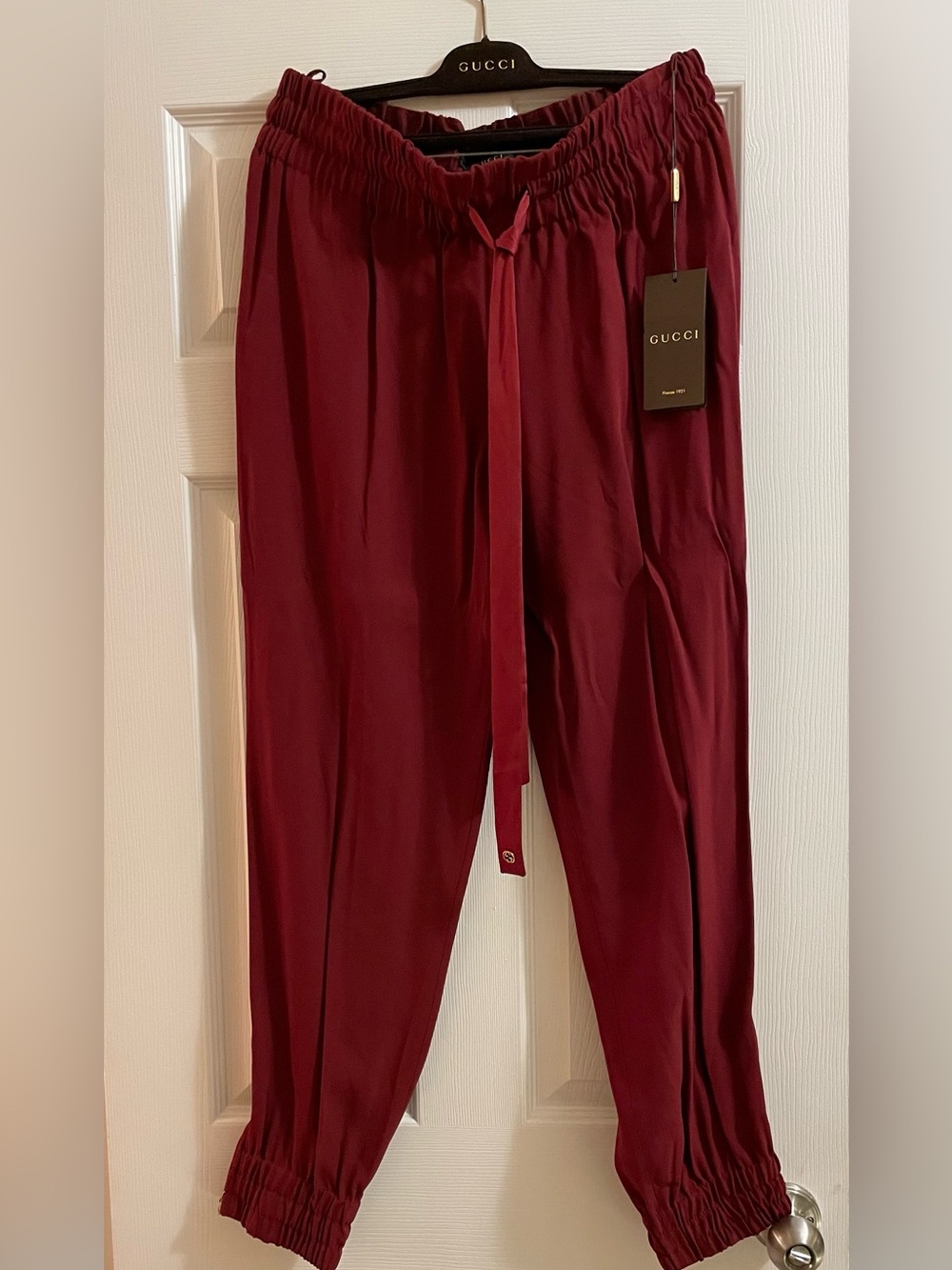 Gucci Women’s Silk Burgundy Pants w/GG emblem on silk drawstring